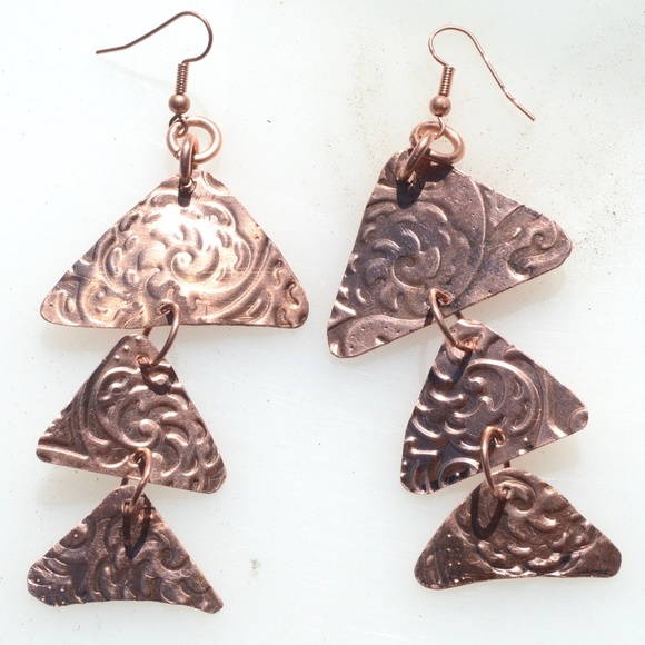 Triangle Geometric Copper Earrings Fish Scales Pattern Handmade Boho Gift Rustic - Picture 6 of 8